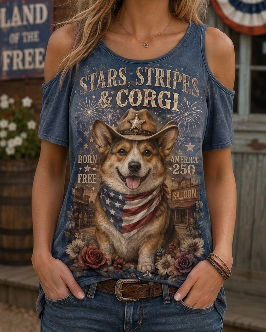 Stars, Stripes & Corgi Western Cowboy Cold Shoulder Tee