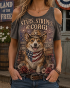 Stars, Stripes & Corgi Western Cowboy Cold Shoulder Tee