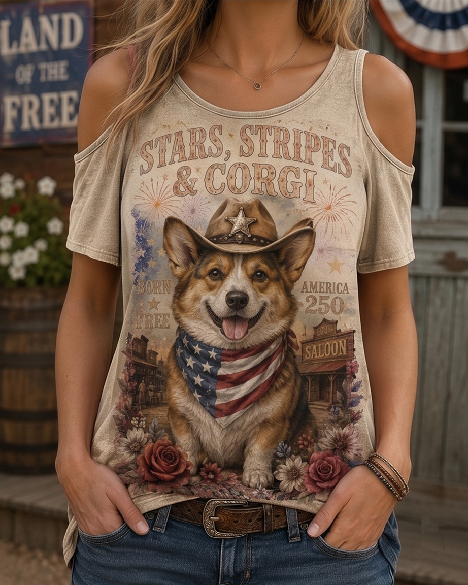 Stars, Stripes & Corgi Western Cowboy Cold Shoulder Tee