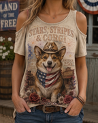 Stars, Stripes & Corgi Western Cowboy Cold Shoulder Tee