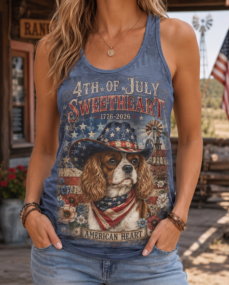 American Heart Cavalier Patriot Cowboy Hat Graphic Tank Top