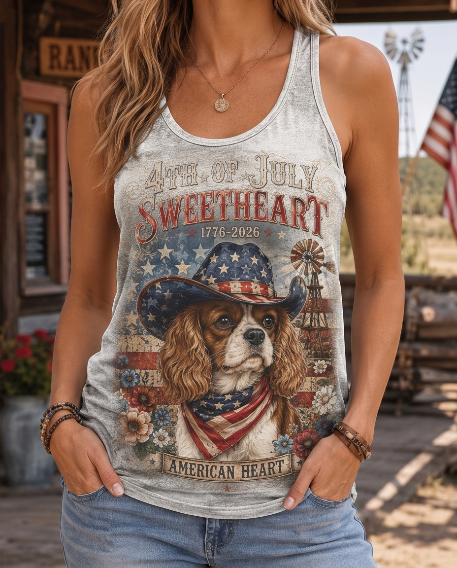 American Heart Cavalier Patriot Cowboy Hat Graphic Tank Top