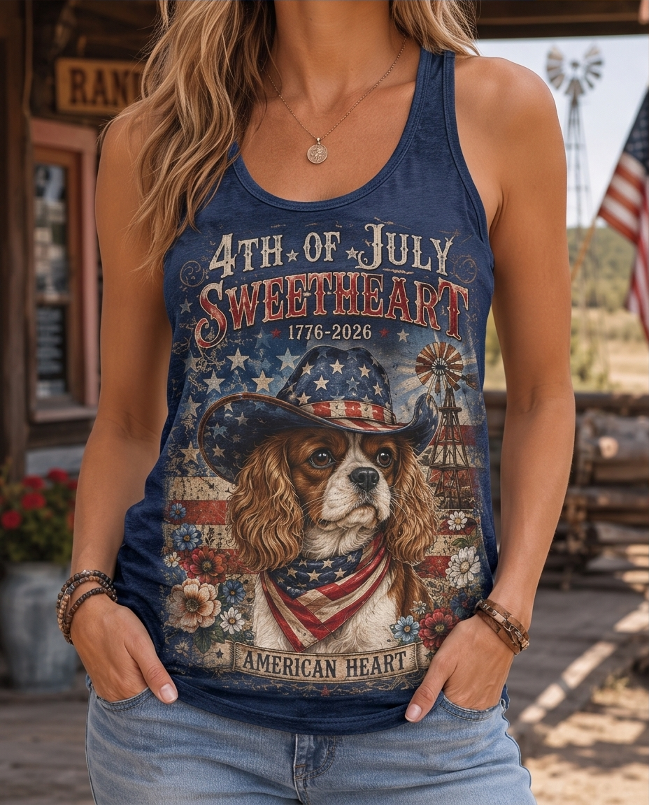 American Heart Cavalier Patriot Cowboy Hat Graphic Tank Top