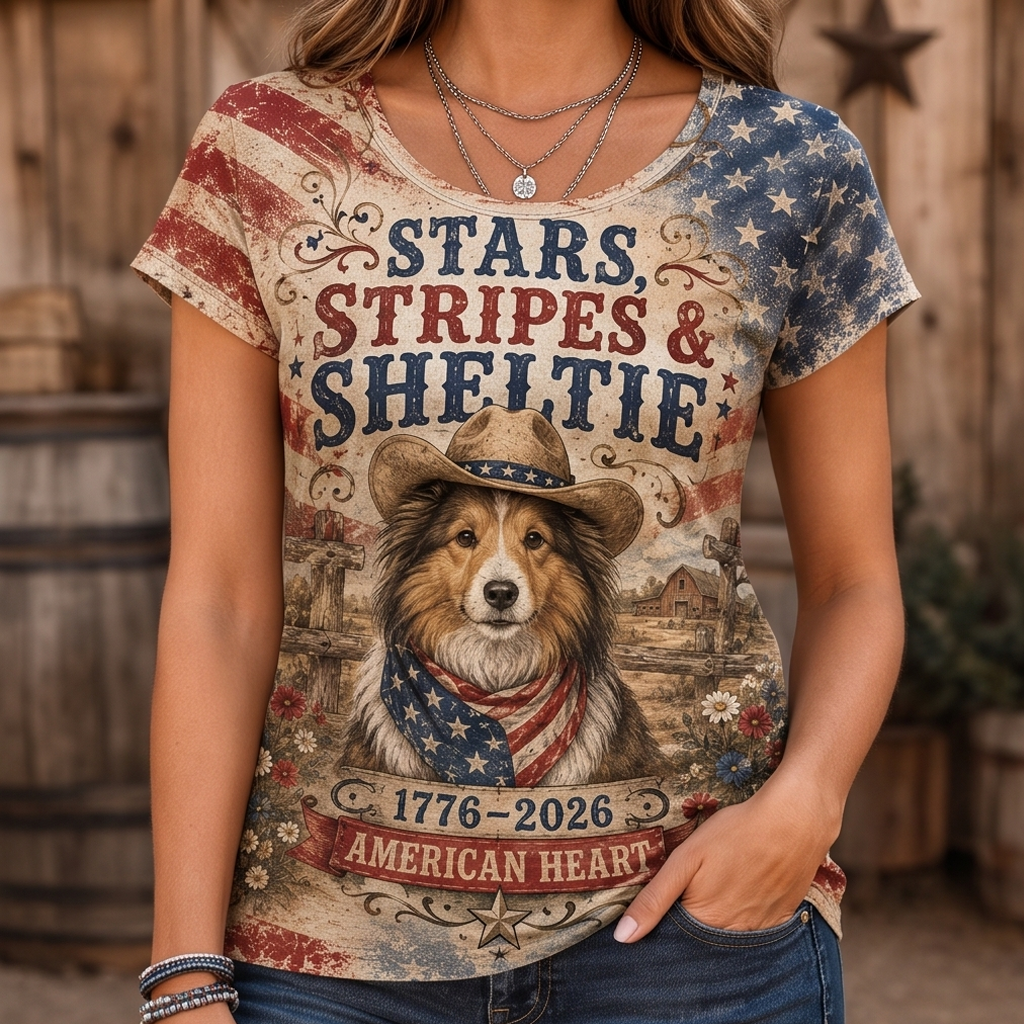 Stars, Stripes & Sheltie Patriotic Dog Graphic Tee - American Heart Western T-Shirt