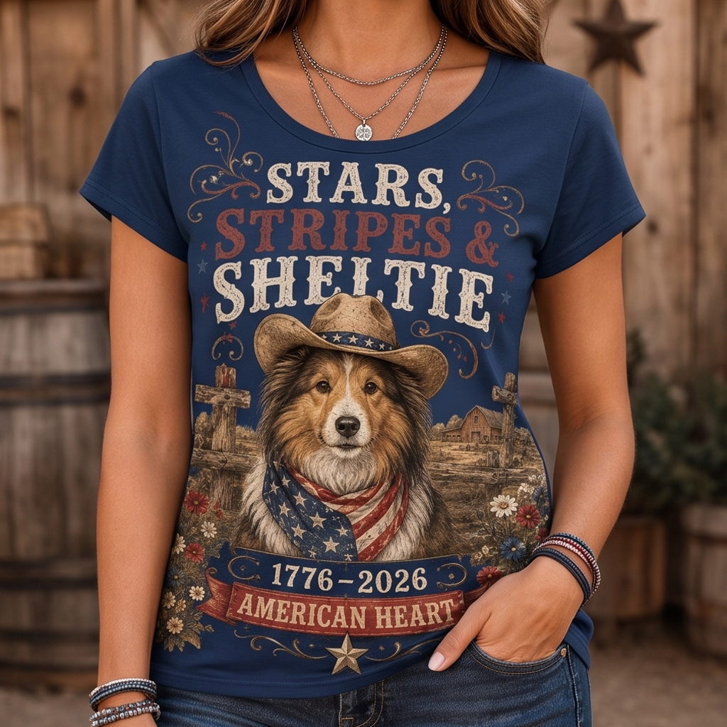 Stars, Stripes & Sheltie Patriotic Dog Graphic Tee - American Heart Western T-Shirt