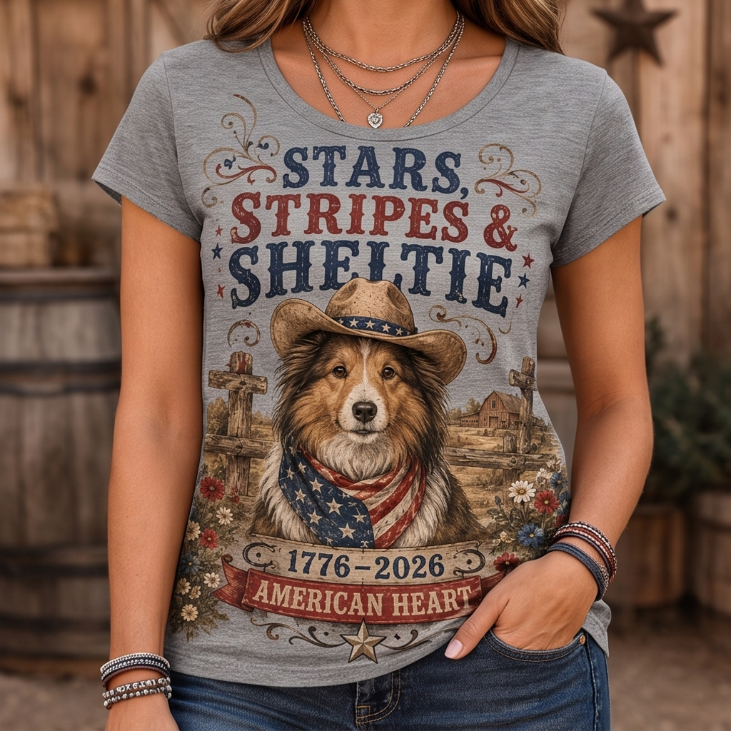 Stars, Stripes & Sheltie Patriotic Dog Graphic Tee - American Heart Western T-Shirt