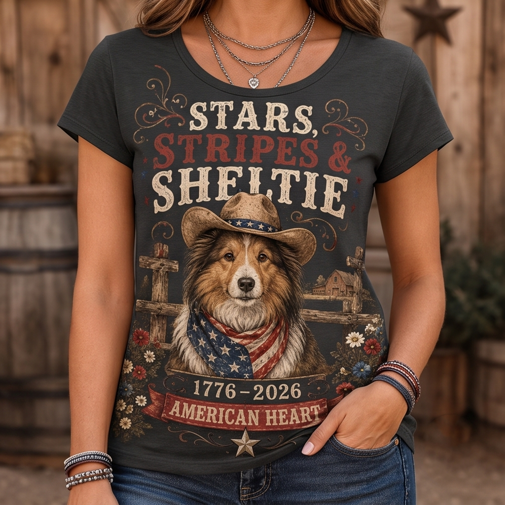 Stars, Stripes & Sheltie Patriotic Dog Graphic Tee - American Heart Western T-Shirt
