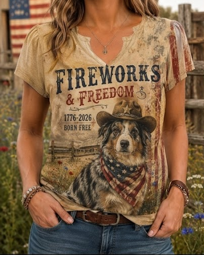 Fireworks & Freedom Australian Shepherd Western V-Neck Tee