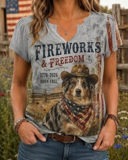 Fireworks & Freedom Australian Shepherd Western V-Neck Tee