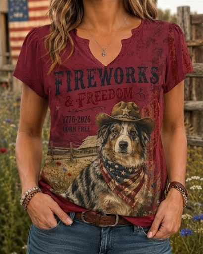 Fireworks & Freedom Australian Shepherd Western V-Neck Tee
