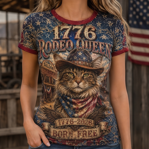 1776 Rodeo Queen Vintage Cat Ringer Tee - Born Free Patriotic Country Style Top