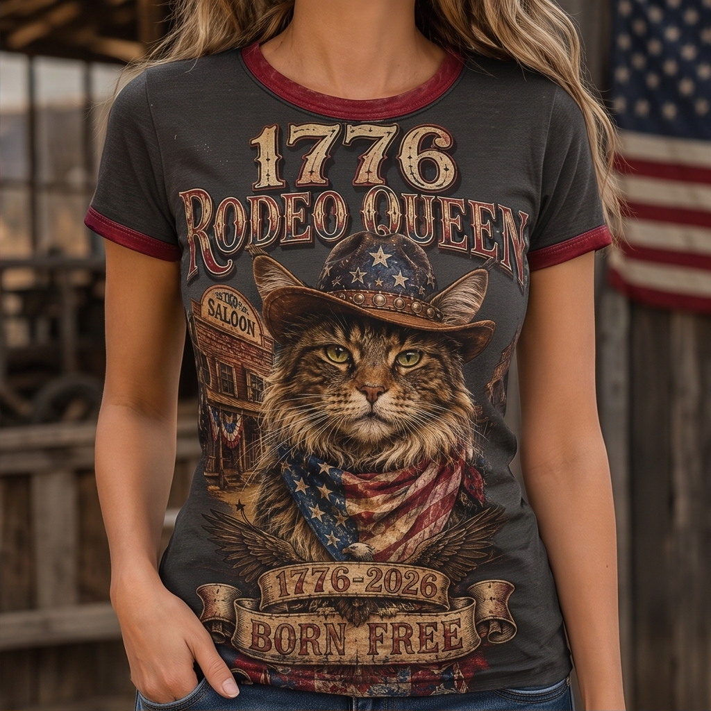 1776 Rodeo Queen Vintage Cat Ringer Tee - Born Free Patriotic Country Style Top
