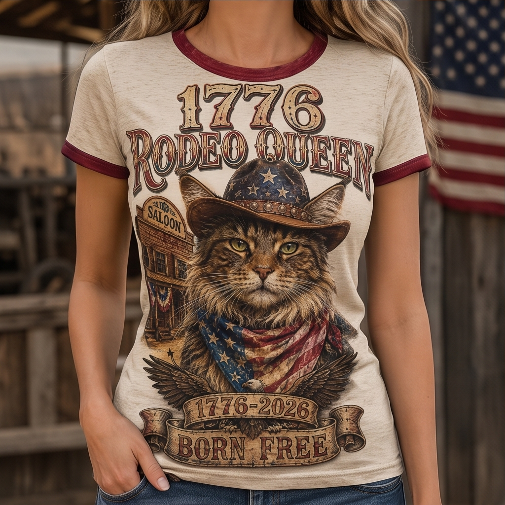 1776 Rodeo Queen Vintage Cat Ringer Tee - Born Free Patriotic Country Style Top