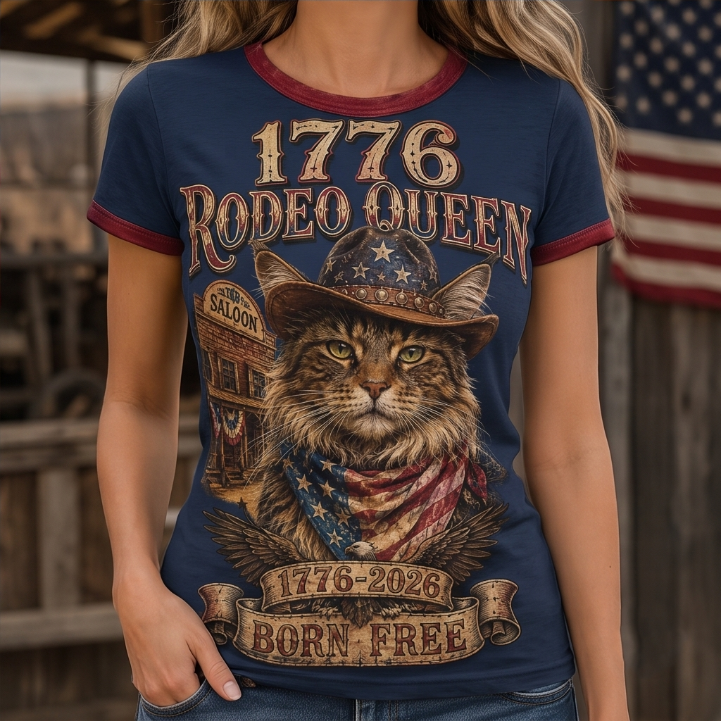 1776 Rodeo Queen Vintage Cat Ringer Tee - Born Free Patriotic Country Style Top