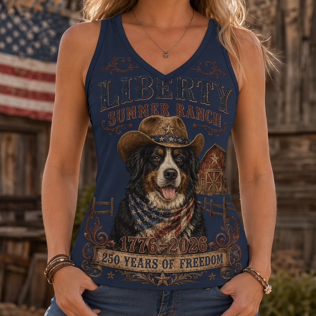 Liberty Summer Ranch Bernese Mountain Dog Graphic Tank Top - Western Independence Day Vest