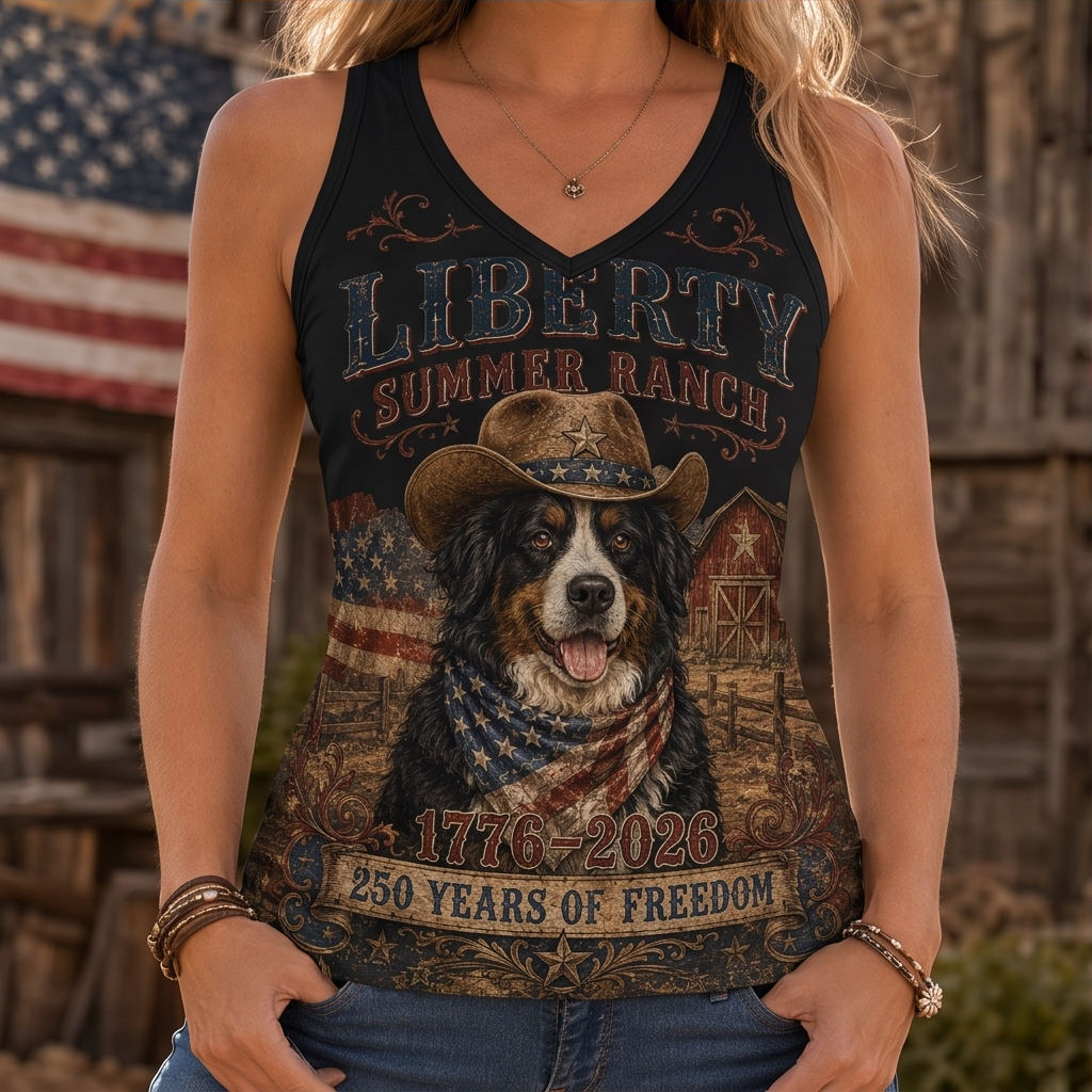 Liberty Summer Ranch Bernese Mountain Dog Graphic Tank Top - Western Independence Day Vest