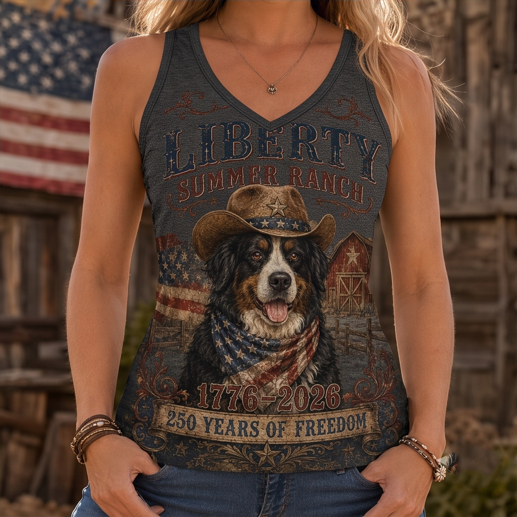 Liberty Summer Ranch Bernese Mountain Dog Graphic Tank Top - Western Independence Day Vest