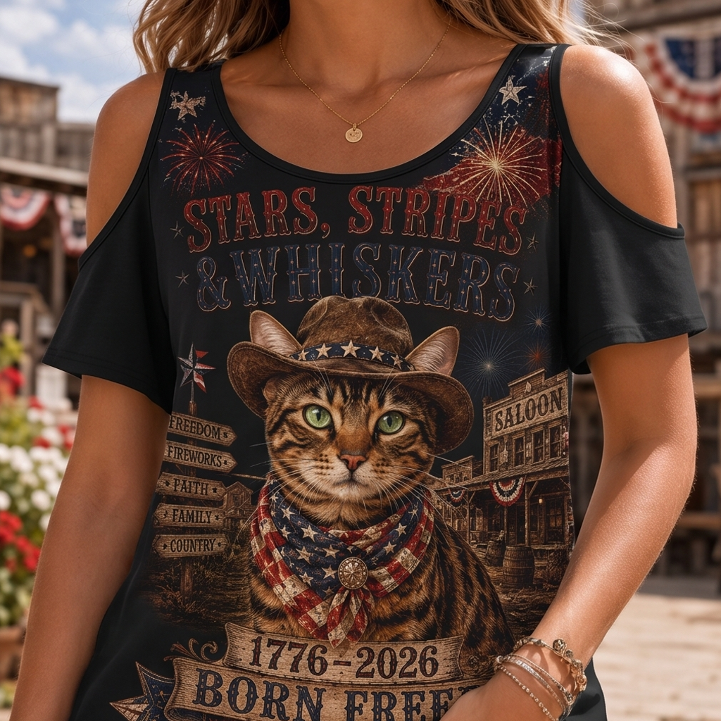 Stars, Stripes & Whiskers Cat Cold-Shoulder Graphic Tee - Born Free Retro Western Top