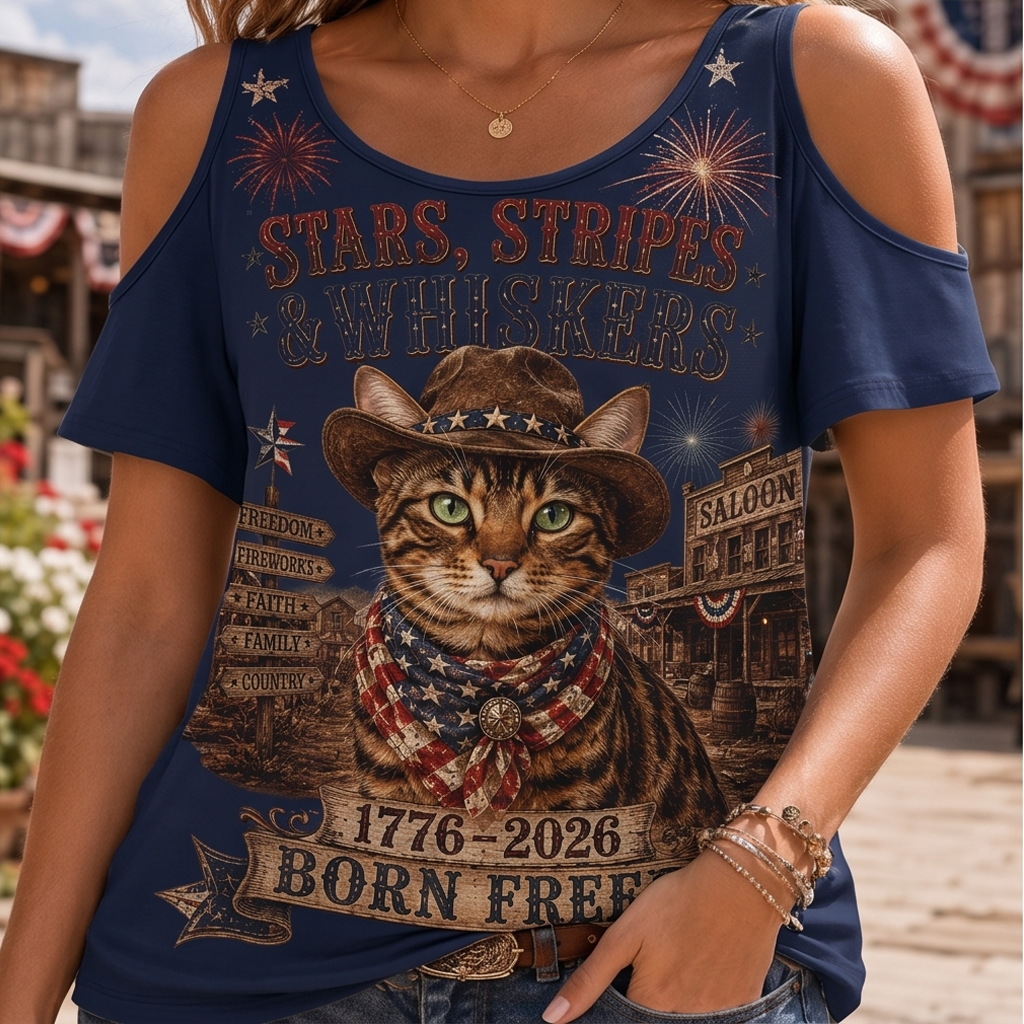 Stars, Stripes & Whiskers Cat Cold-Shoulder Graphic Tee - Born Free Retro Western Top