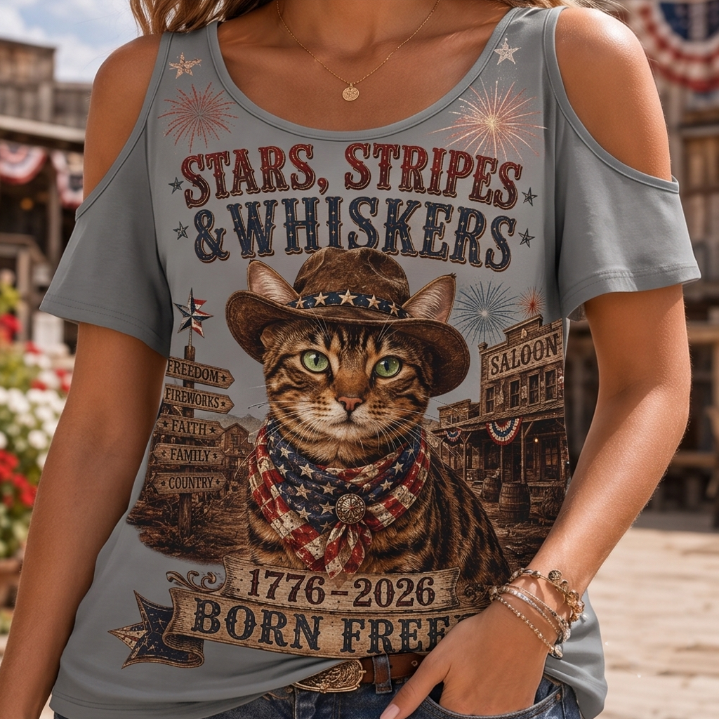 Stars, Stripes & Whiskers Cat Cold-Shoulder Graphic Tee - Born Free Retro Western Top