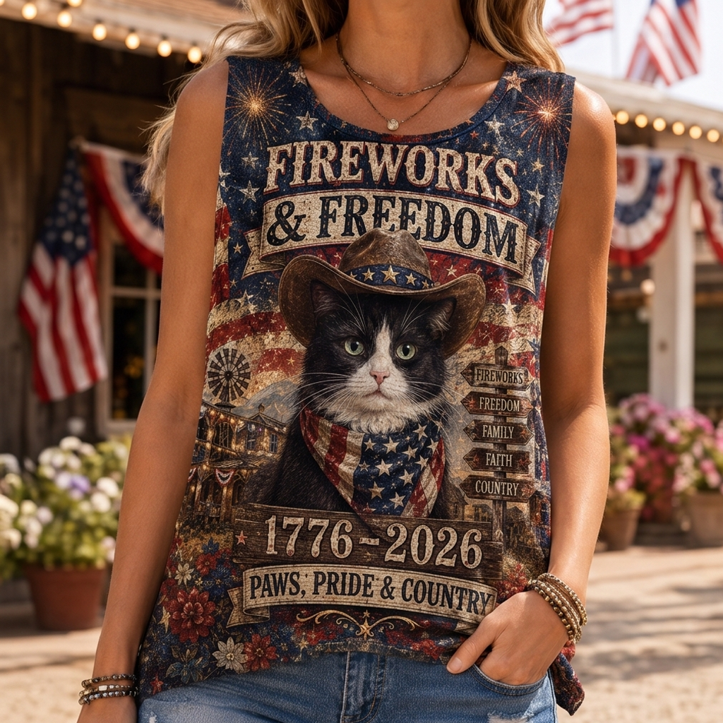 Fireworks & Freedom Patriotic Cat Graphic Tank Top - Paws & Pride Independence Day Vest