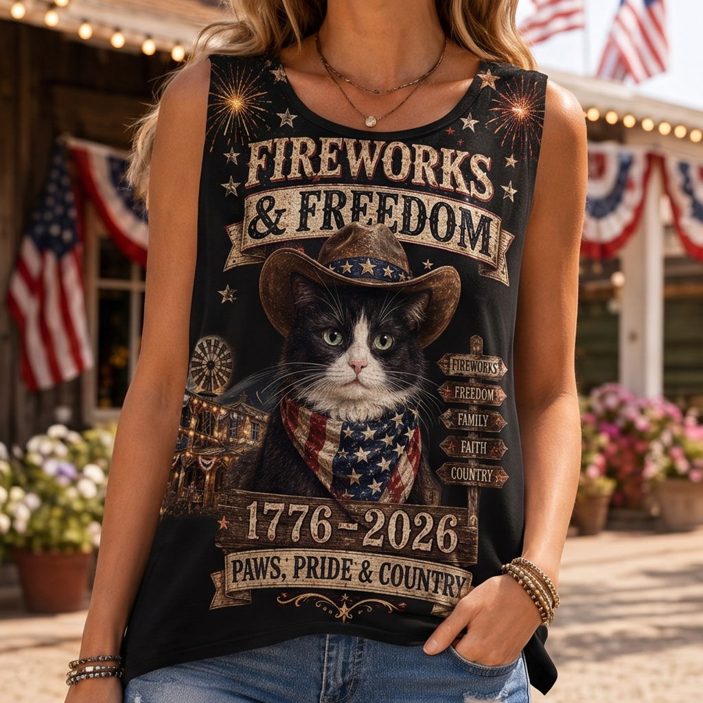 Fireworks & Freedom Patriotic Cat Graphic Tank Top - Paws & Pride Independence Day Vest