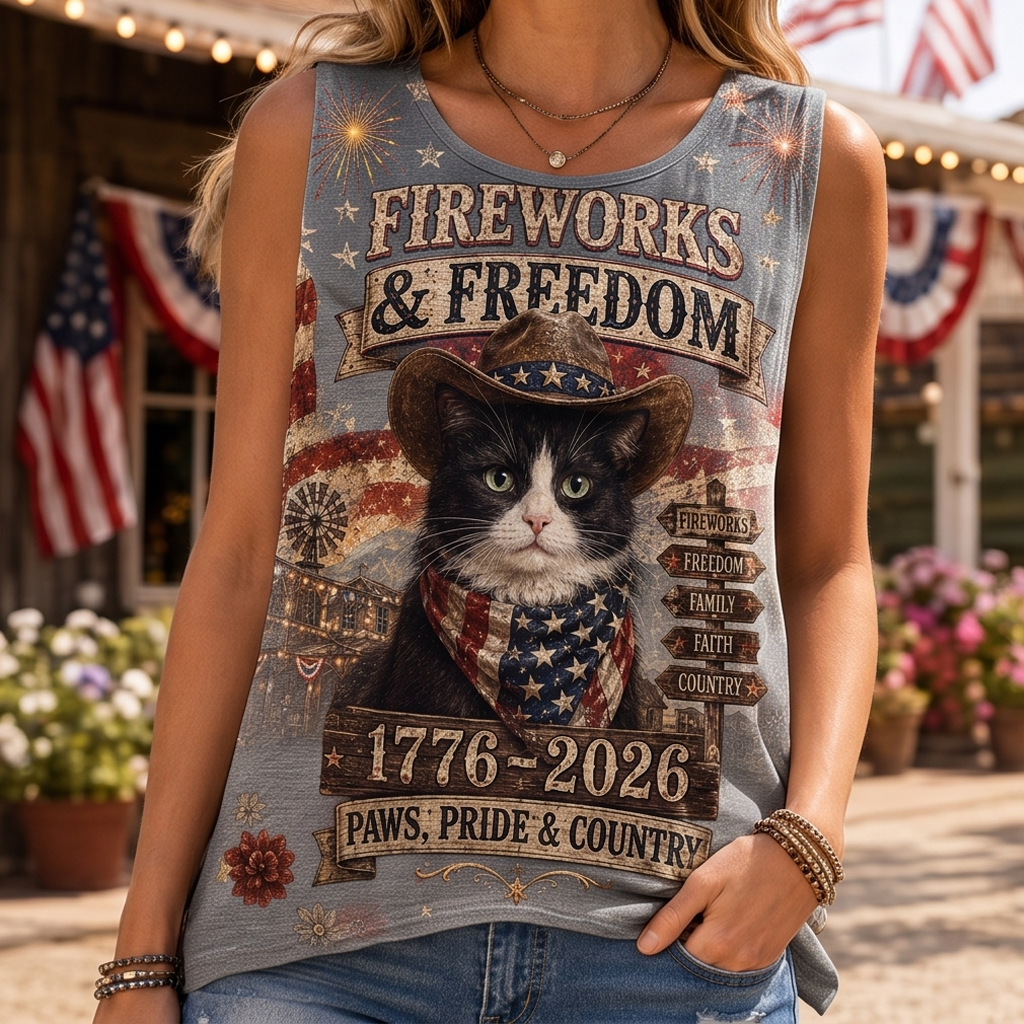 Fireworks & Freedom Patriotic Cat Graphic Tank Top - Paws & Pride Independence Day Vest