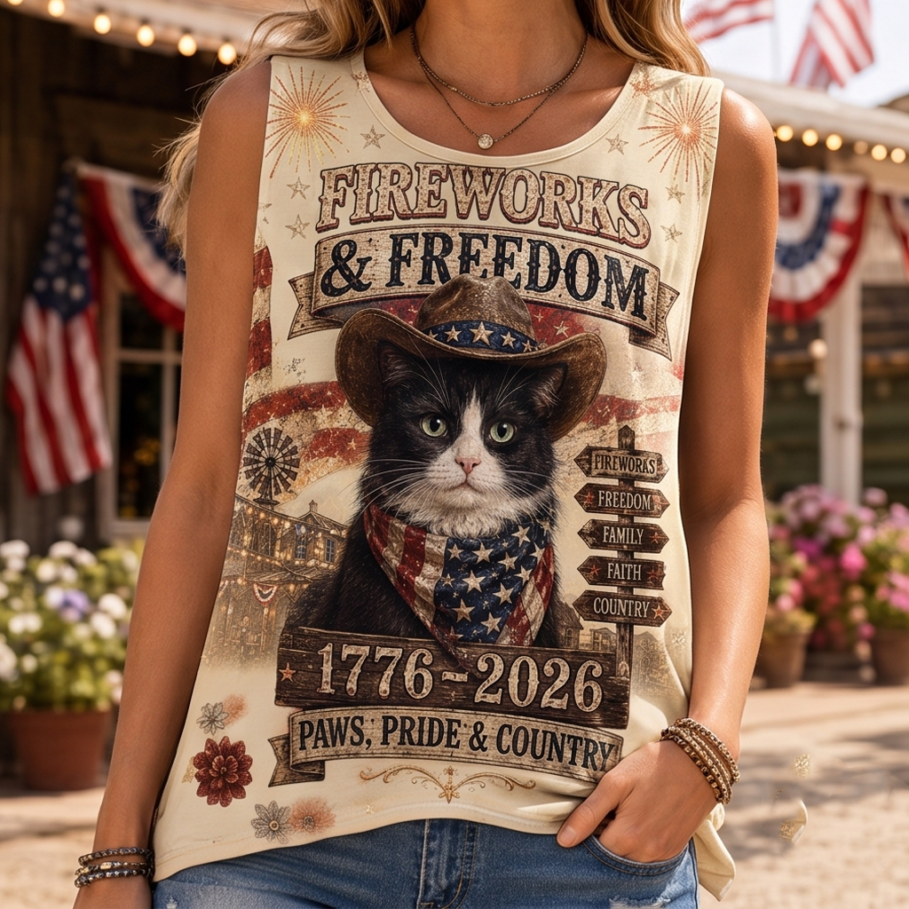 Fireworks & Freedom Patriotic Cat Graphic Tank Top - Paws & Pride Independence Day Vest