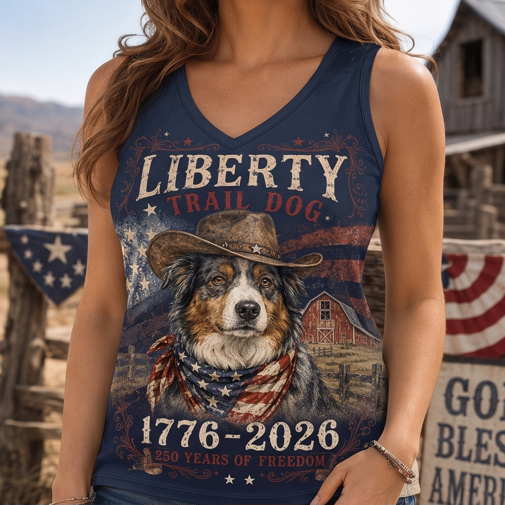 Liberty Trail Dog Australian Shepherd Graphic Tank Top - 250 Years of Freedom Western Vest