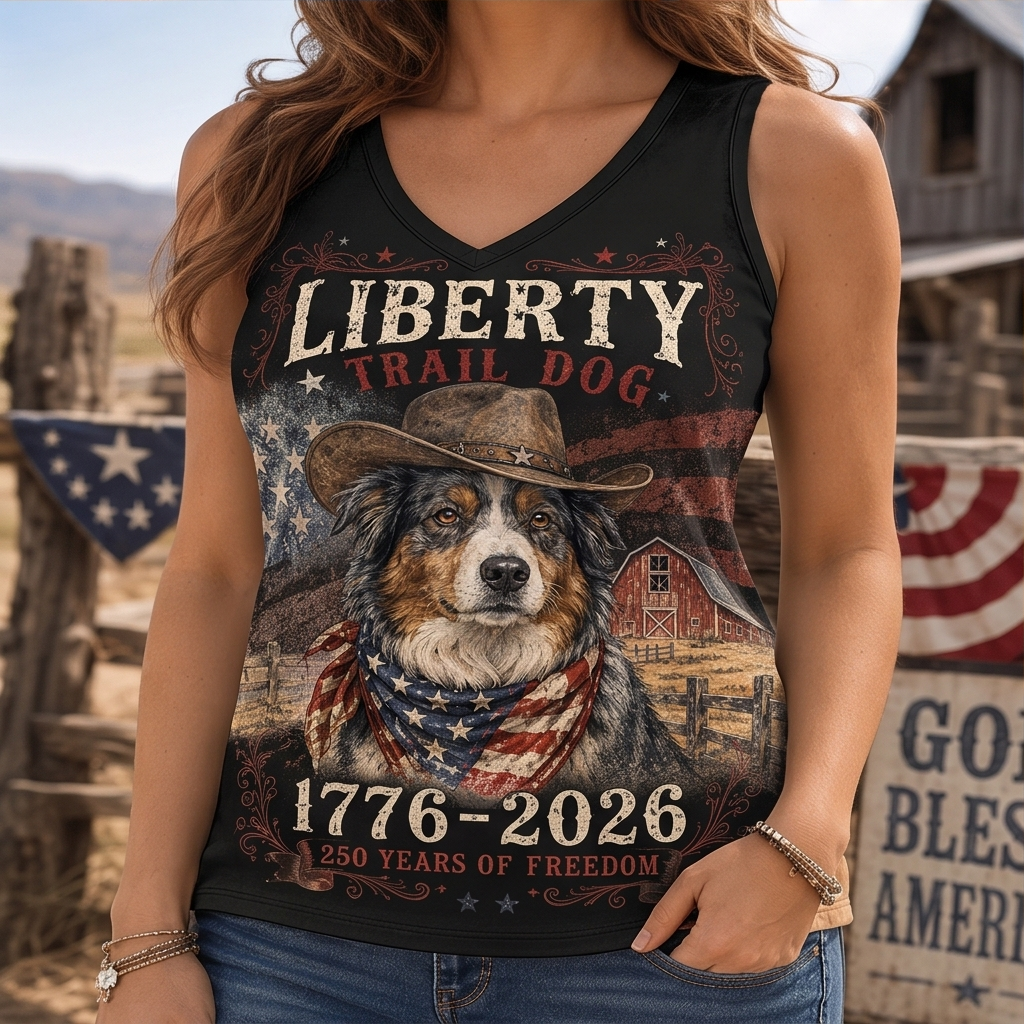 Liberty Trail Dog Australian Shepherd Graphic Tank Top - 250 Years of Freedom Western Vest