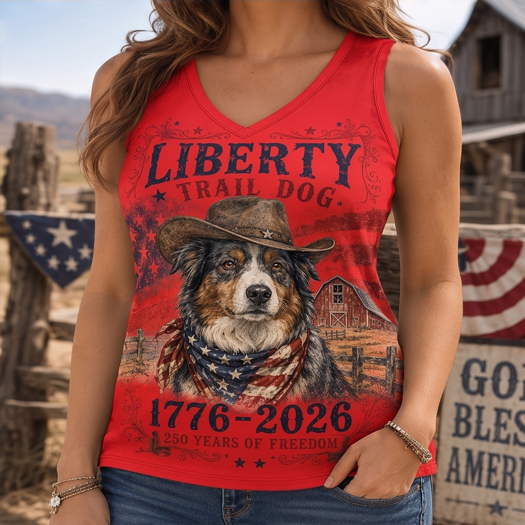Liberty Trail Dog Australian Shepherd Graphic Tank Top - 250 Years of Freedom Western Vest